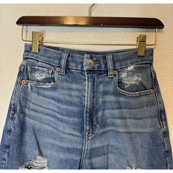 American Eagle Women's 0 Curvy Mom Jeans Distressed High Rise Cotton Stretch - Picture 5 of 15